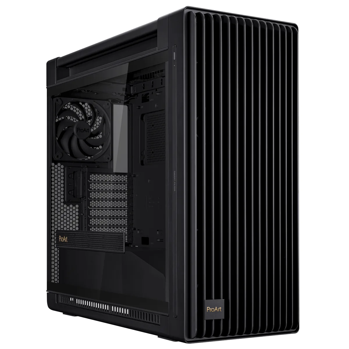 Black mid-tower case with tempered glass side panel and two large front fans