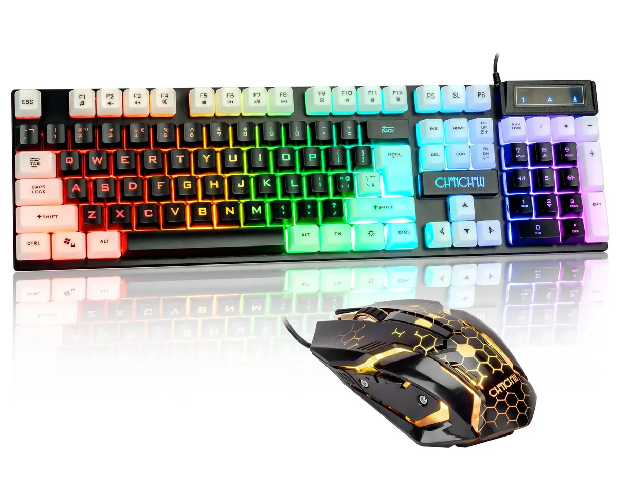 Black full-size wired keyboard with rainbow backlighting and matching wired gaming mouse