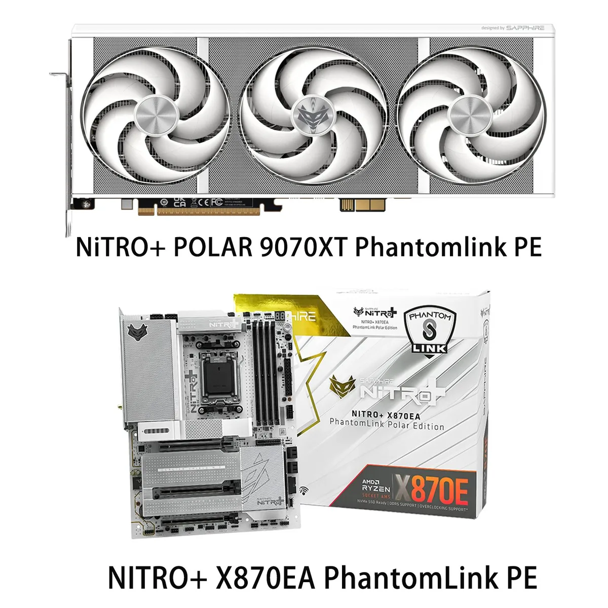 White graphics card and matching motherboard combo with silver accents and rear-mounted power connectors