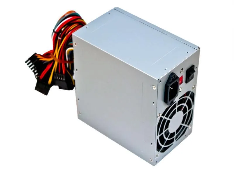 Grey ATX power supply unit with single fan and multiple cable connectors