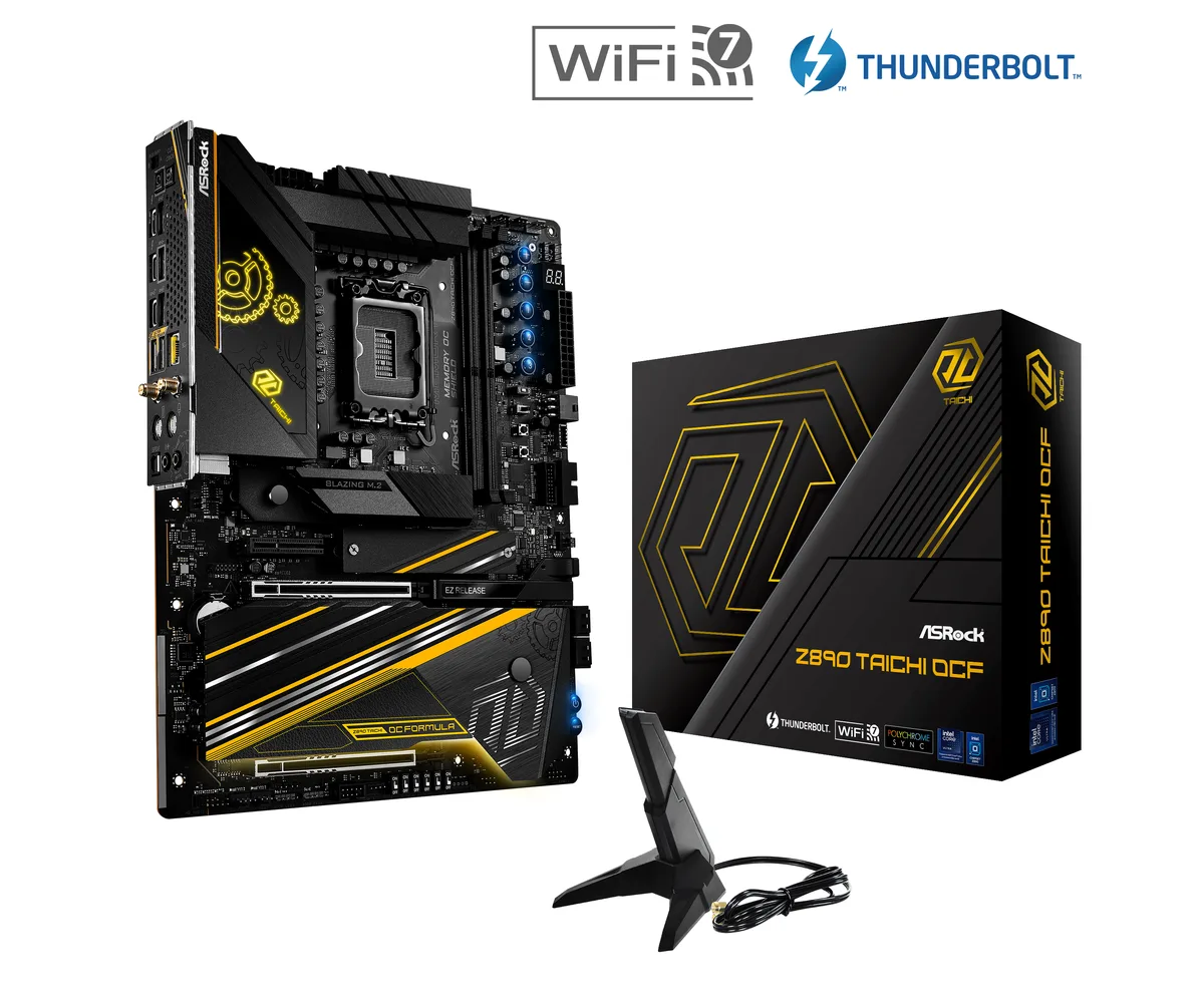 ATX motherboard with black and silver heatsinks and two DDR5 slots
