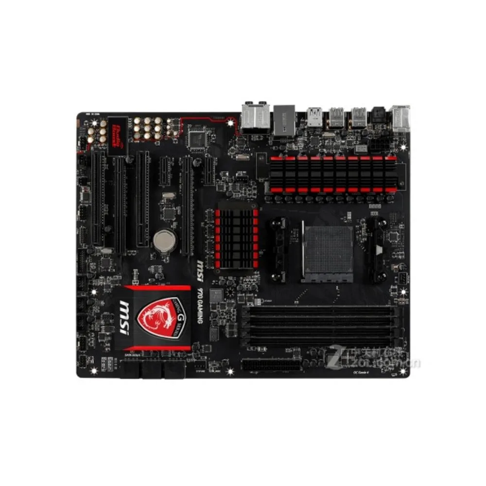 Black ATX motherboard with red accents and heatsinks