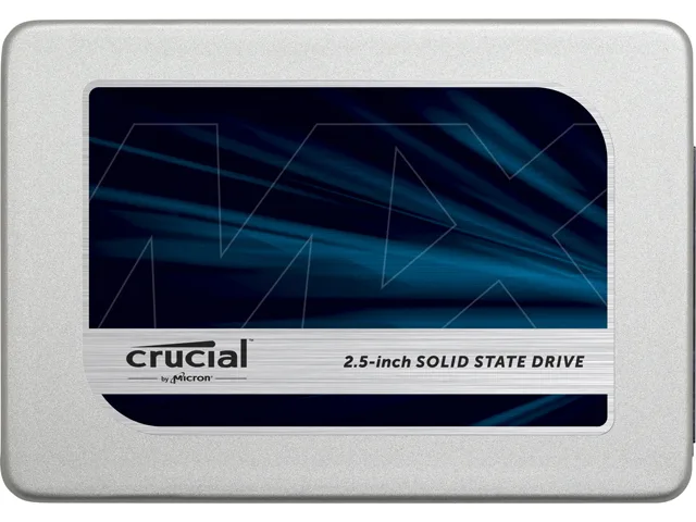 Rectangular silver 2.5 inch SSD with black label and gold connectors