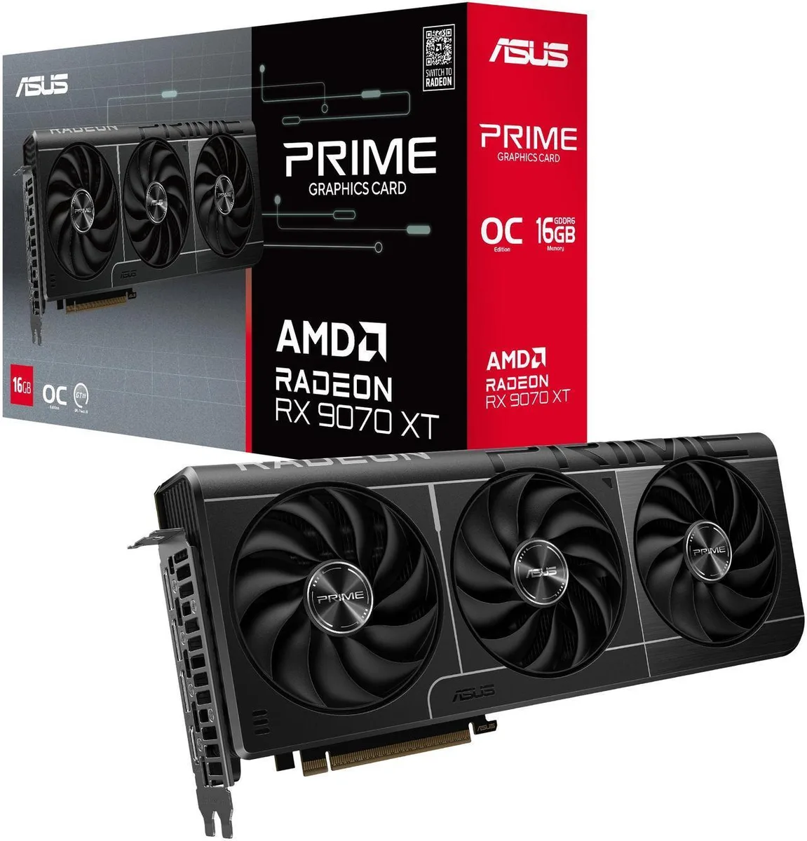 ASUS PRIME Radeon RX 9070 XT graphics card with triple axial fans and matte dark shroud