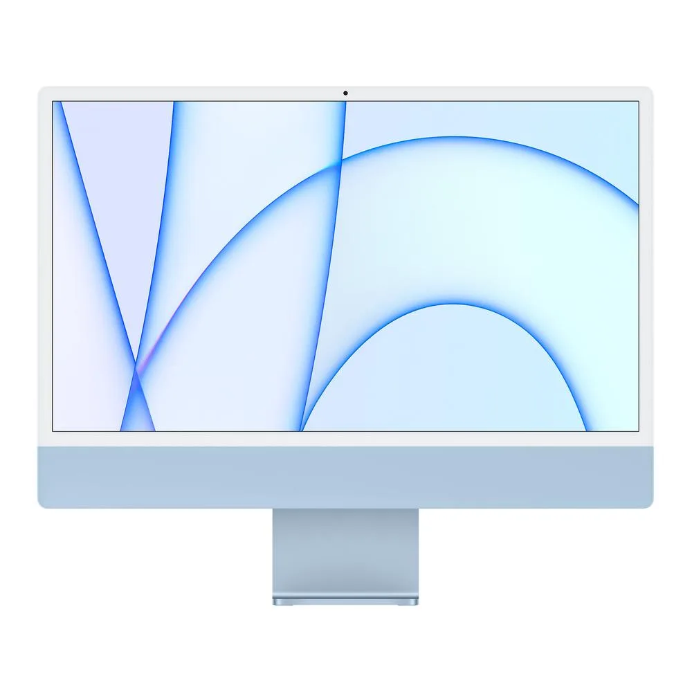 Blue all-in-one desktop with 24 inch screen, thin aluminium stand, matching keyboard and mouse