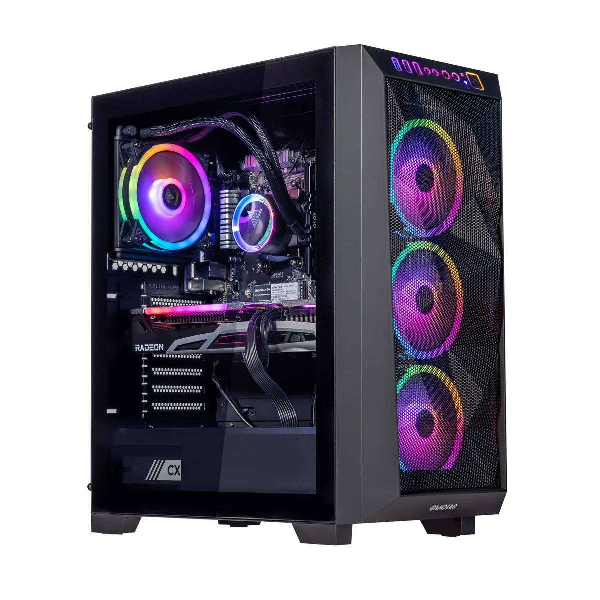 Black desktop tower with RGB-lit 120mm liquid cooler