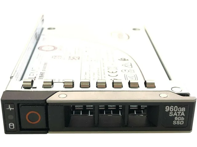 Rectangular silver 2.5 inch internal SSD with label showing 960GB capacity