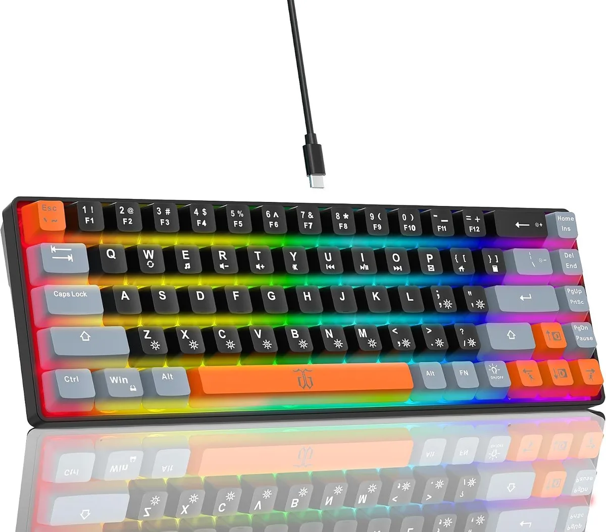 Compact 60 percent gaming keyboard with black grey orange keycaps and RGB backlighting