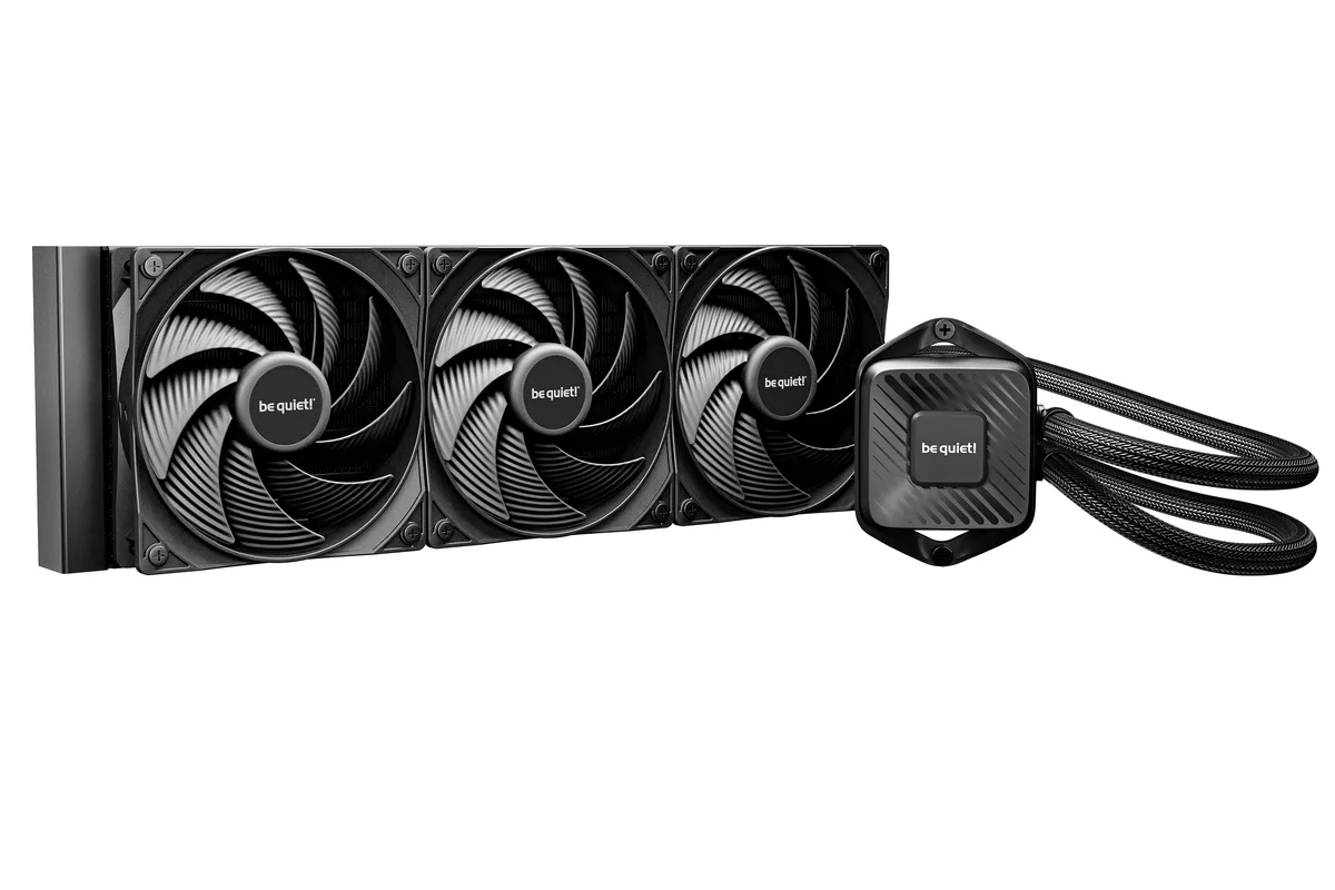 Black 360mm AIO liquid cooler with three 120mm black fans and black tubing