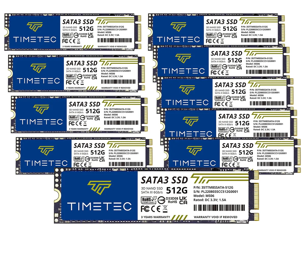 Ten M.2 2280 SATA SSDs in green circuit boards with black controller chips