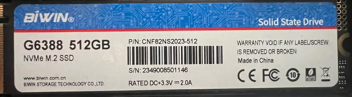 BIWIN STORAGE TECHNOLOGY LIMITED BIWIN STORAGE TECHNOLOGY LIMITED G6388 512GB PCIe Gen 4 NVMe internal SSD — product photo