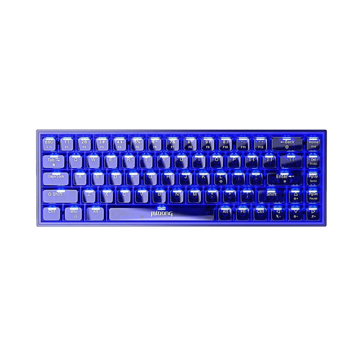 Compact 68-key mechanical keyboard with transparent blue keycaps and adjustable backlighting