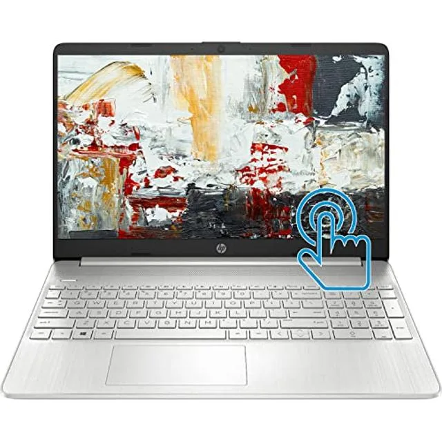 Silver 15.6 inch touchscreen laptop with micro edge display and full size keyboard