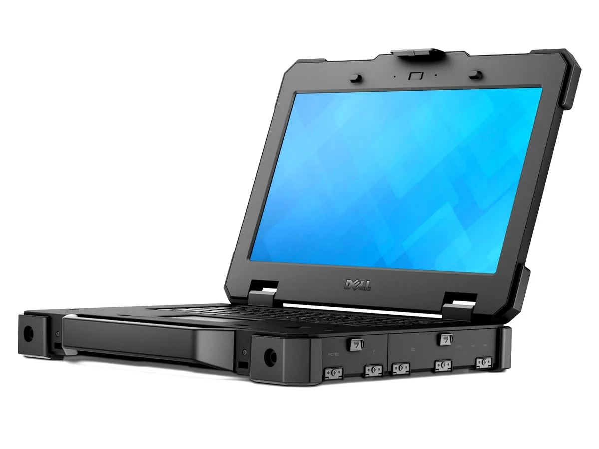 Thick rugged laptop with handle and port covers, matte dark casing, 13.1 inch screen