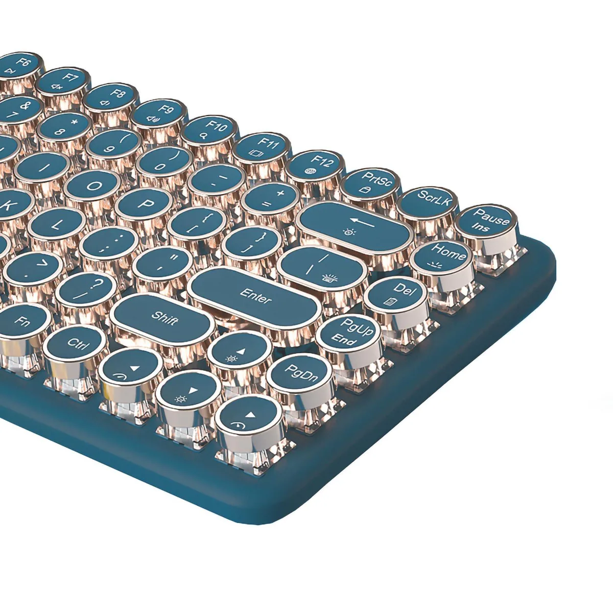 Teal retro typewriter keyboard with round keycaps and silver rings, compact 84-key layout