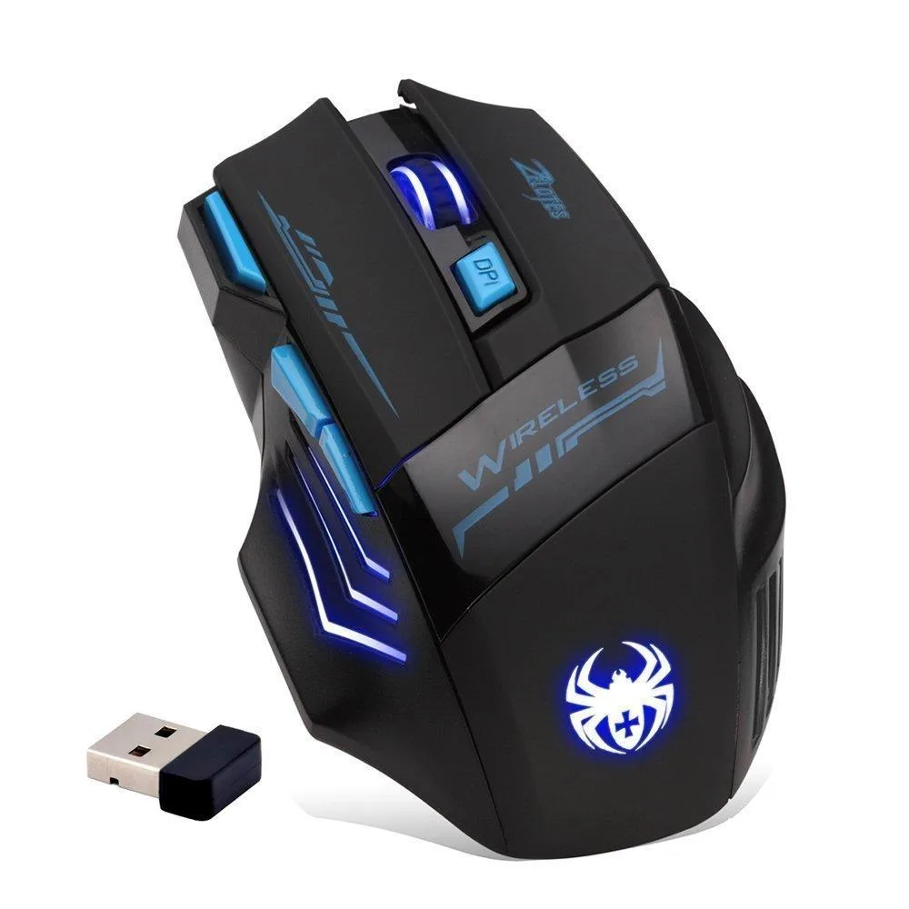Black right-handed wireless gaming mouse with ergonomic rubber-coated shape, seven buttons and LED lighting
