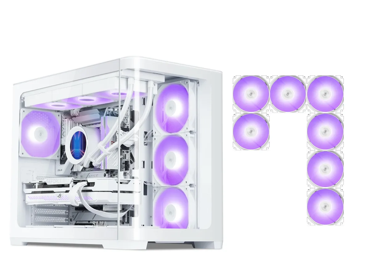 SAMA SAMA V60 White Mid-Tower PC Case, 7 ARGB PWM Fans, USB 3.1 Type-C, 360mm Radiator Support — product photo