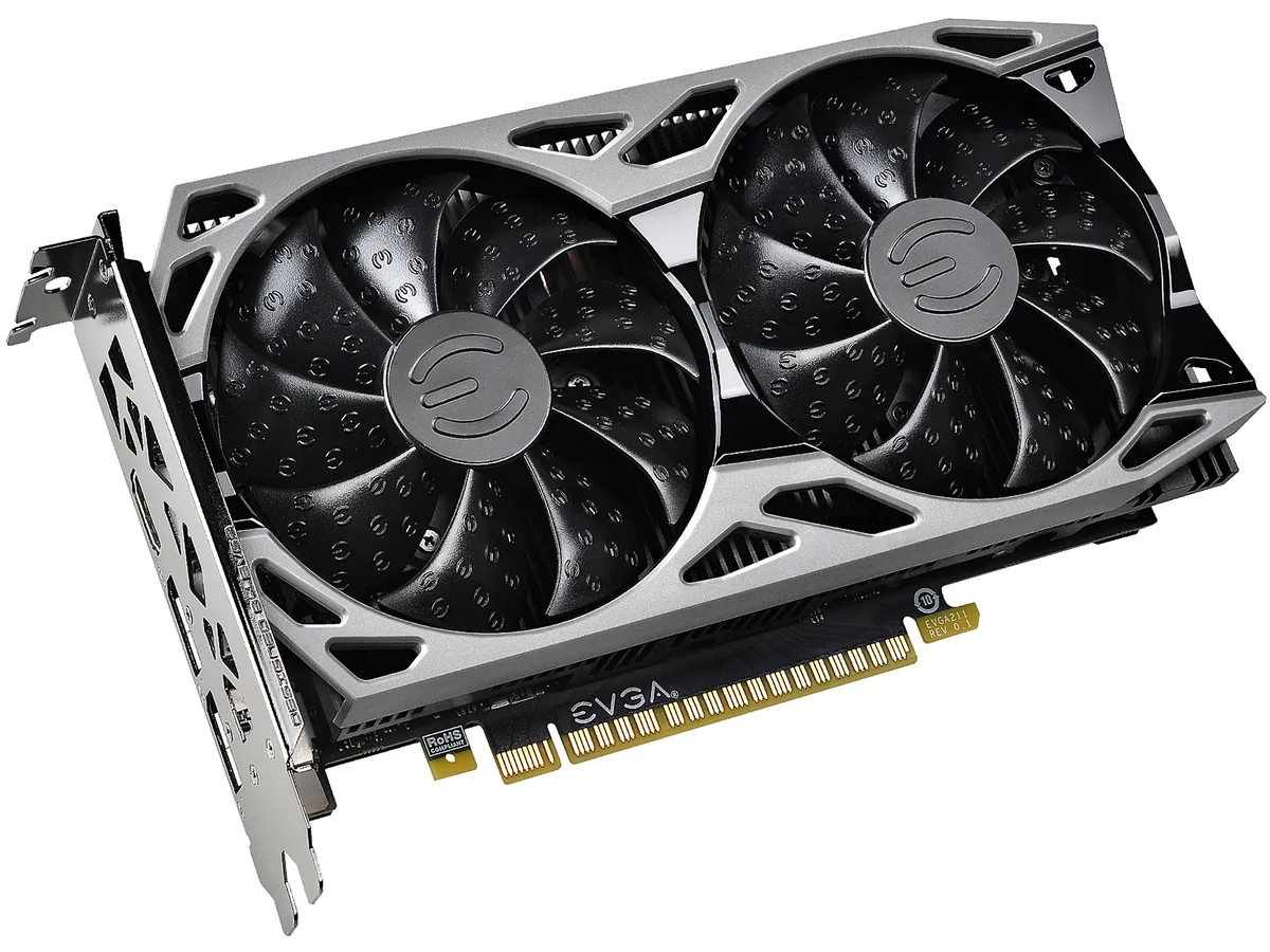 EVGA GeForce GTX 1650 graphics card with dual fans and metal backplate