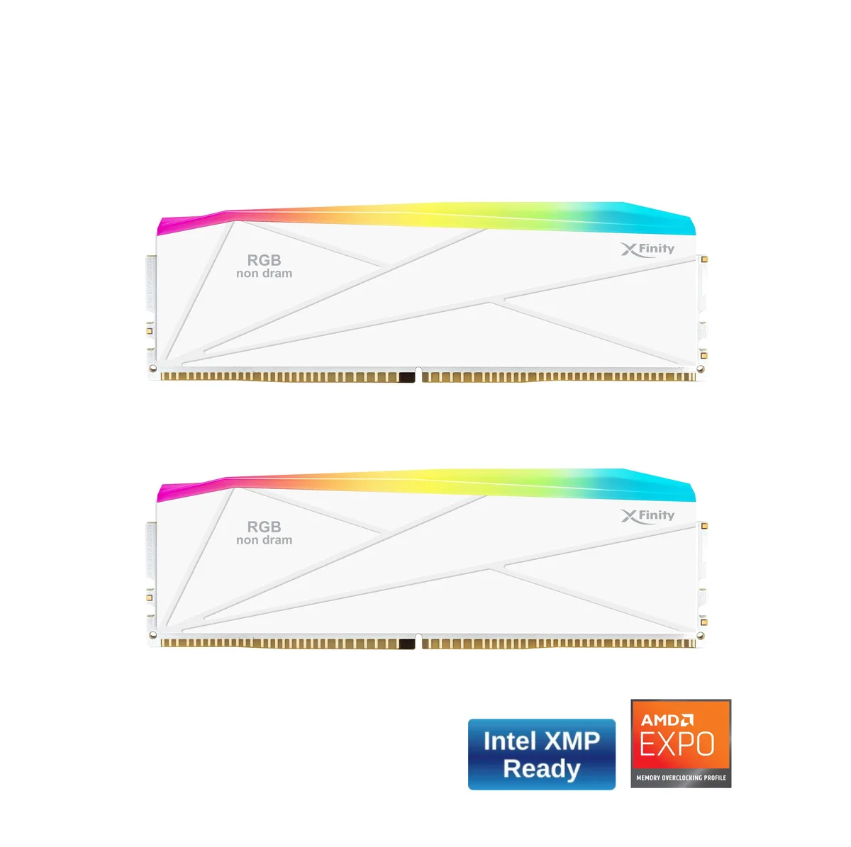 Two white DDR5 RGB filler modules with aluminum heat spreaders and 16 BroadBeam LEDs