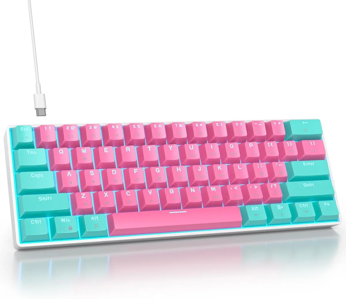 Pink 60 percent mechanical keyboard with 61 keys and red switches