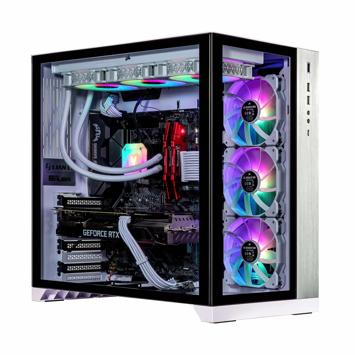White mid-tower desktop with 360mm AIO and RGB lighting