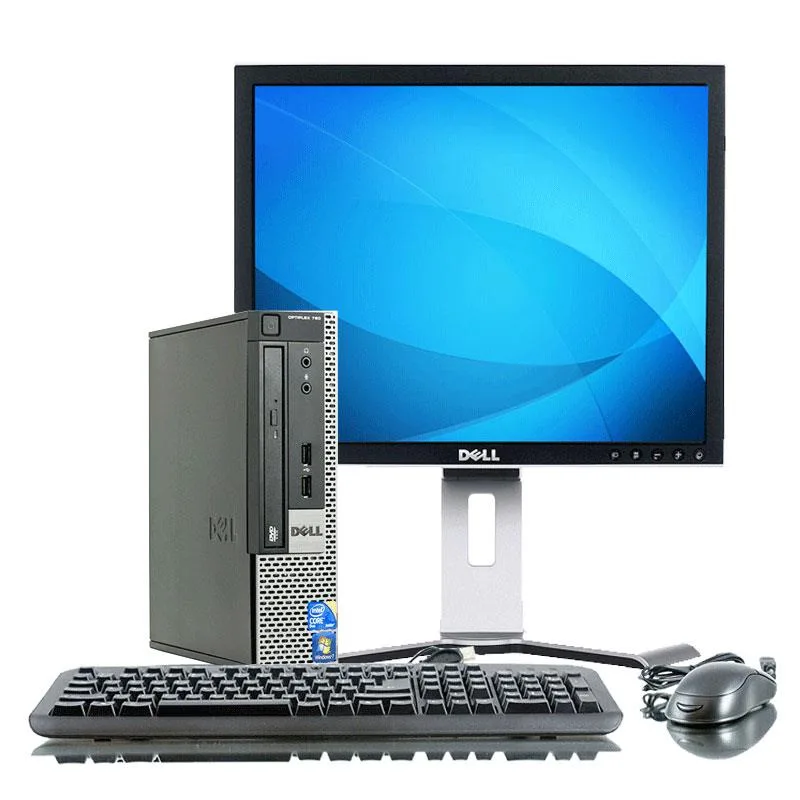 Silver ultra-small desktop tower and 19-inch LCD monitor