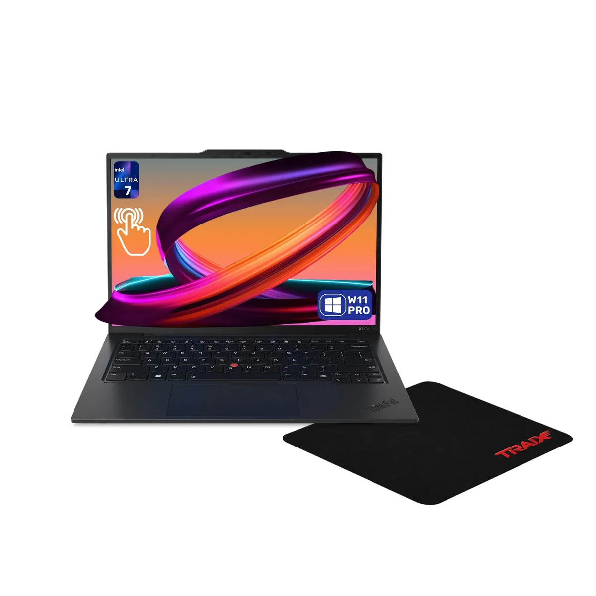 Black ultralight 14-inch laptop with touchscreen and matching mousepad