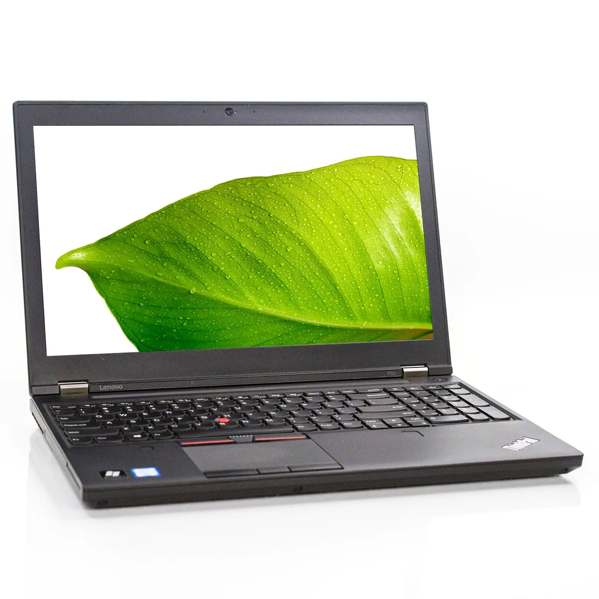 Black ThinkPad P50 laptop closed showing matte finish and red TrackPoint nub