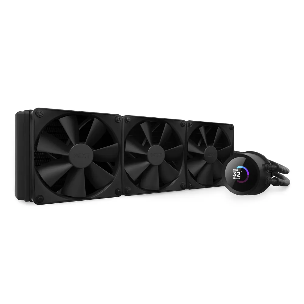 Black 360mm AIO liquid cooler with square LCD pump block and three 120mm fans on aluminium radiator