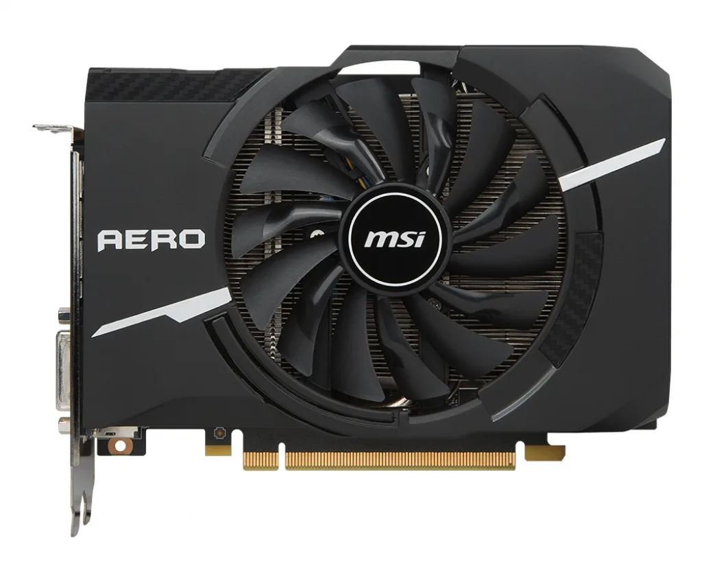 Compact black graphics card with single fan and silver bracket