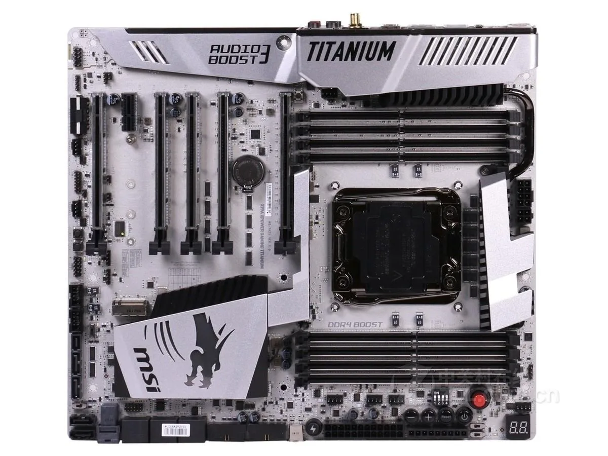 E-ATX motherboard with titanium silver heatsinks and black PCB