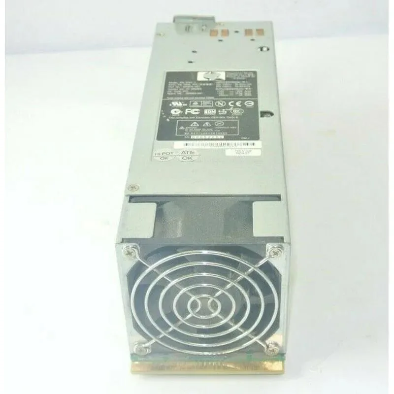 Rectangular silver server power supply unit with rear fan grille and power connector visible
