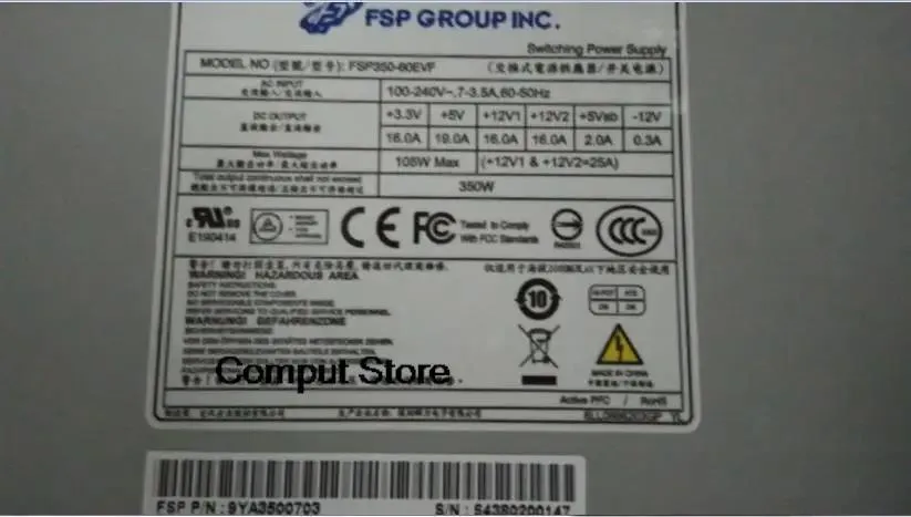 Rectangular silver ATX power supply unit with ventilation grille and label showing 350W and 60