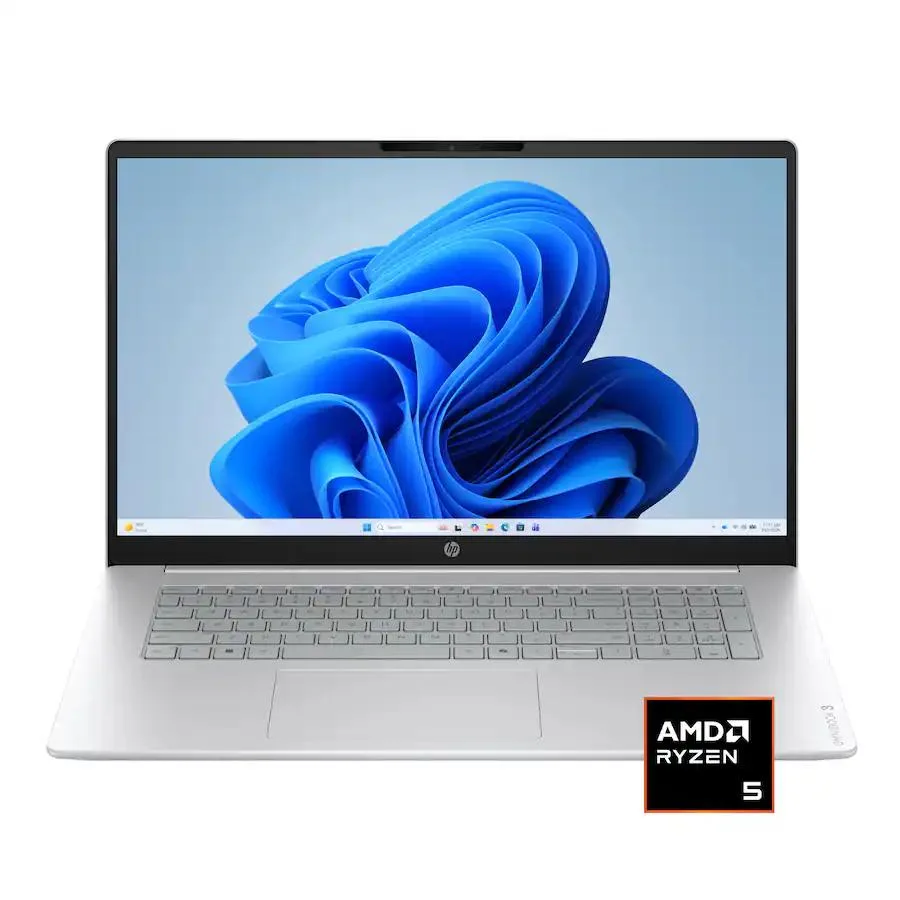 Silver 17.3 inch touchscreen laptop, thin profile, backlit keyboard visible