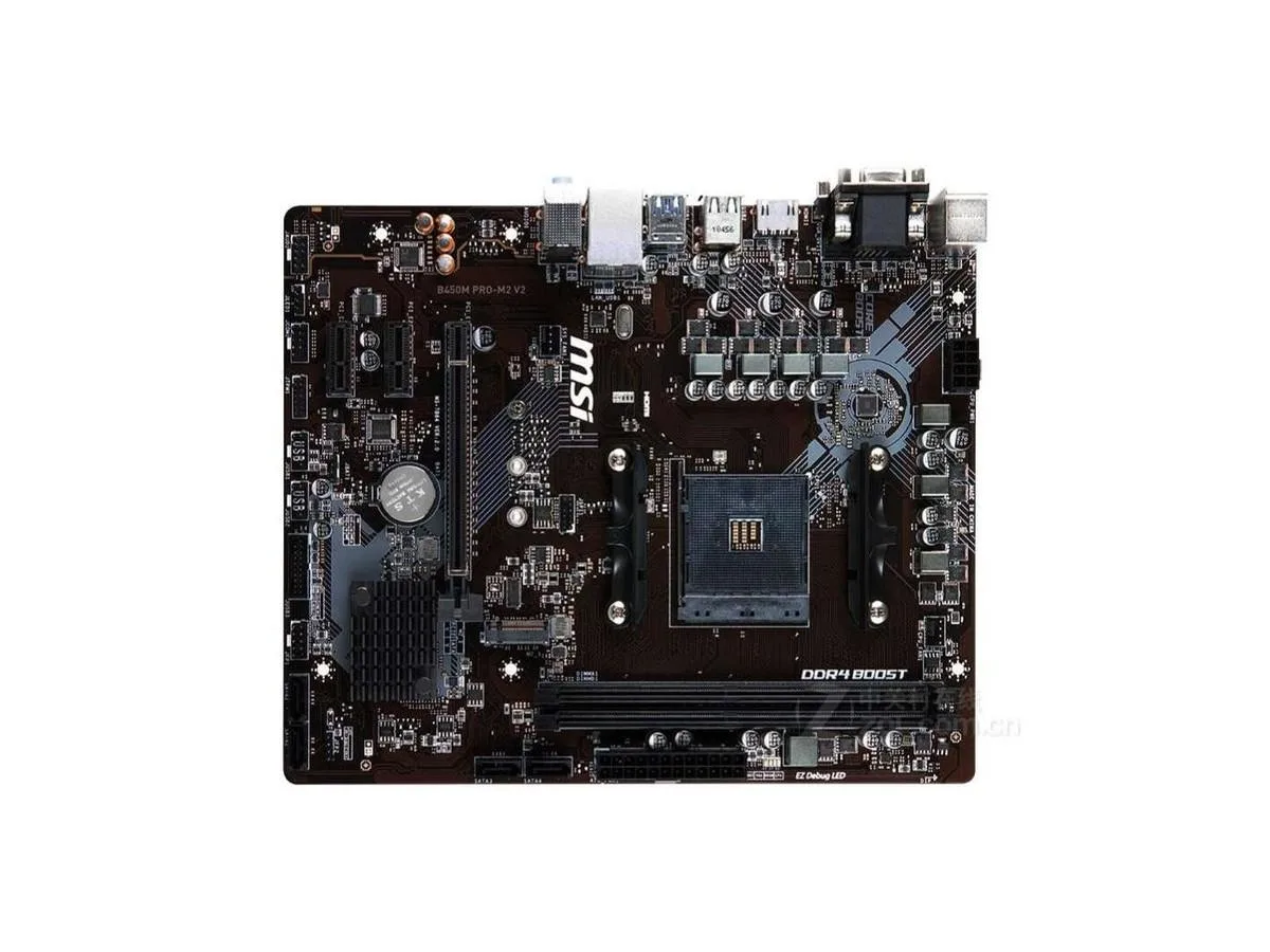 Dark green Micro-ATX motherboard with silver AM4 socket, four black DDR4 slots, single PCIe x16 slot, four SATA ports, M.2 slot