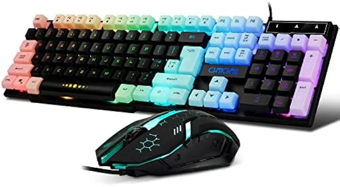 Full-size wired gaming keyboard and mouse combo with rainbow backlighting and 104 keys