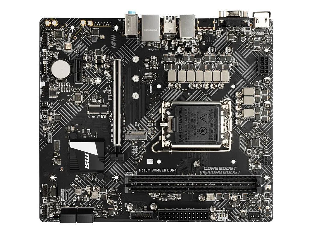 Green micro-ATX board with silver heatsinks and black slots
