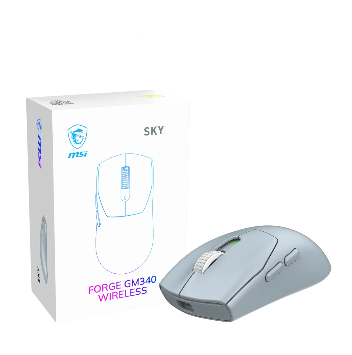 Sky coloured wireless gaming mouse, symmetrical shape, lightweight 57g