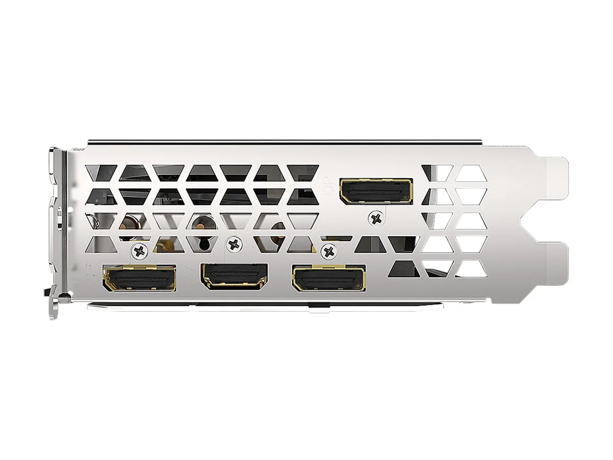 White dual-slot graphics card with triple-fan cooler, silver backplate and metal I/O bracket showing one HDMI and three DisplayPort