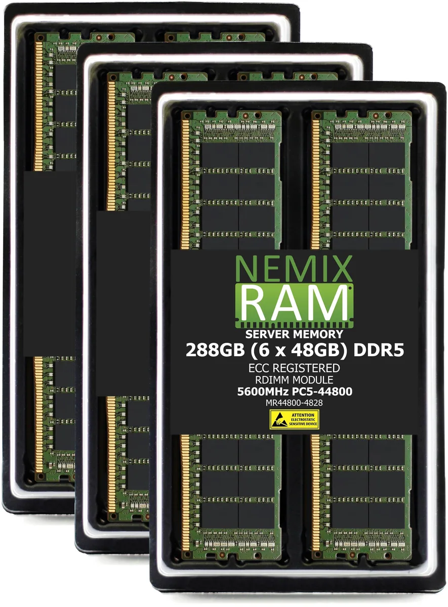 Six green DDR5 ECC RDIMM modules in silver anti-static tray