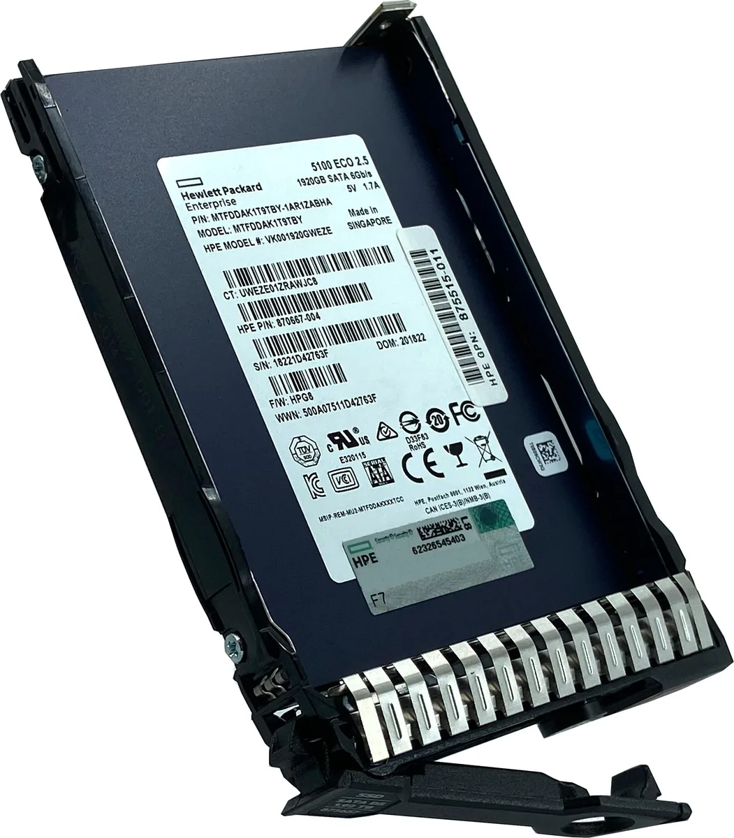 Silver 2.5 inch SATA SSD in HPE G8 tray with label showing 1.92TB capacity