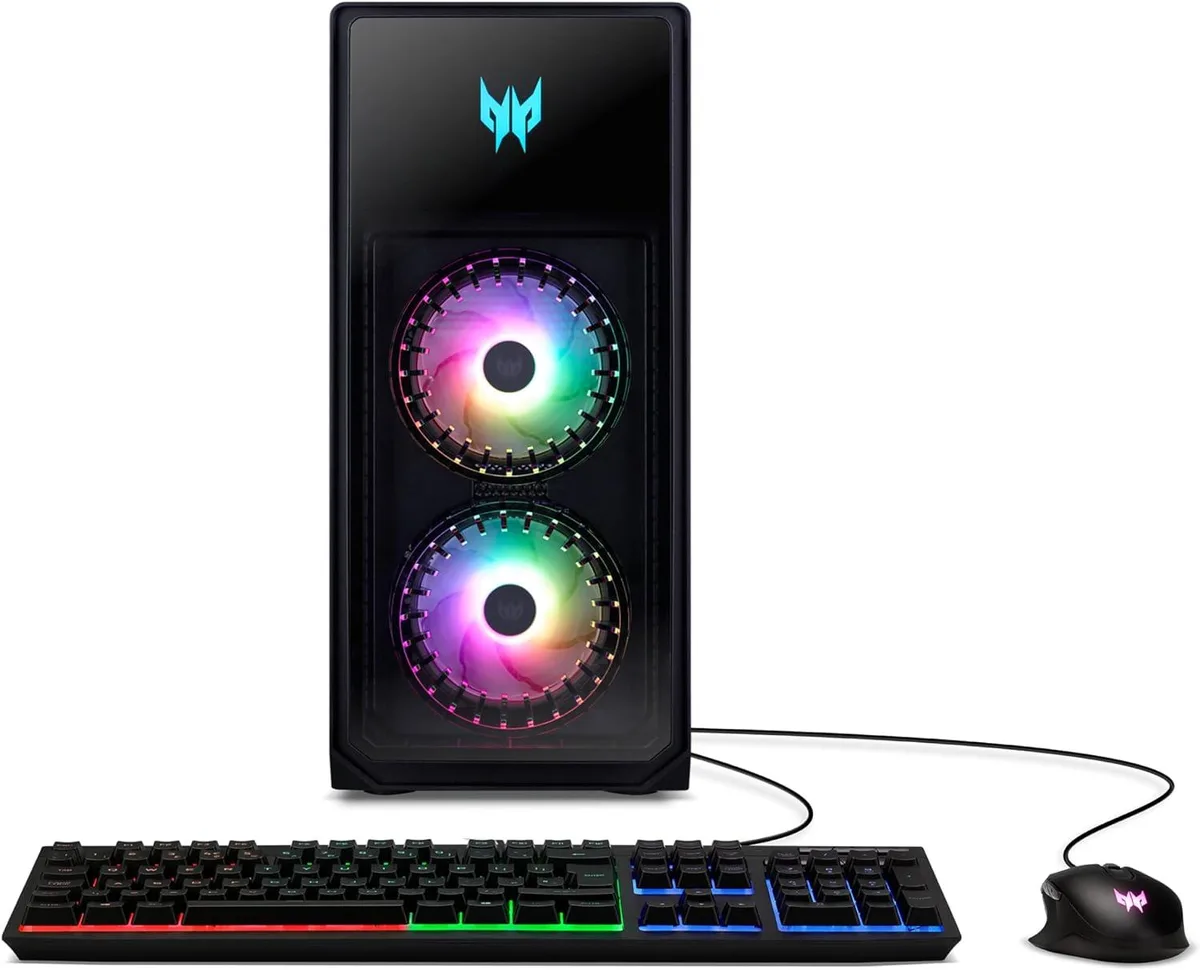 Black mid-tower gaming desktop with tempered glass side panel and RGB lighting