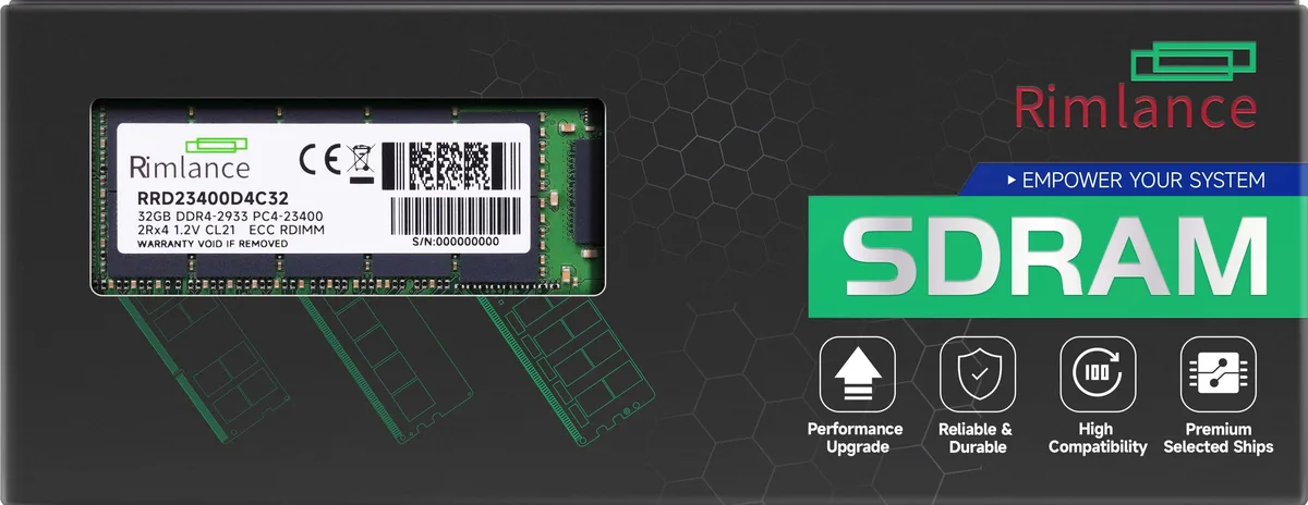 Green rectangular DDR4 RDIMM module with gold edge contacts and black chips