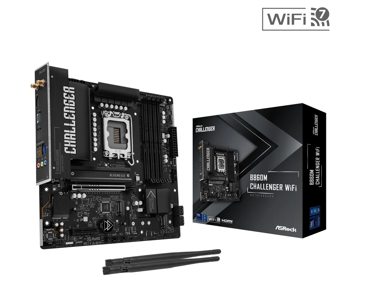 ASRock B860M Challenger WiFi micro-ATX motherboard, dark PCB with silver heatsinks