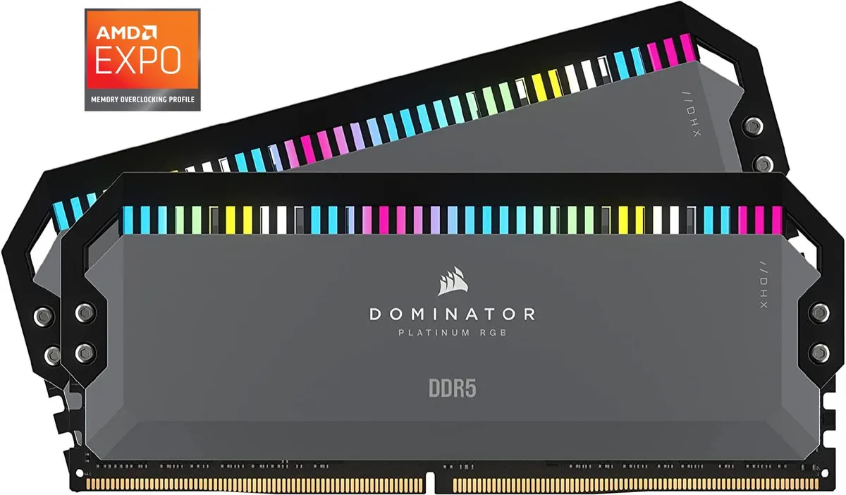 Two gray DDR5 memory modules with RGB lighting, 288-pin desktop form factor