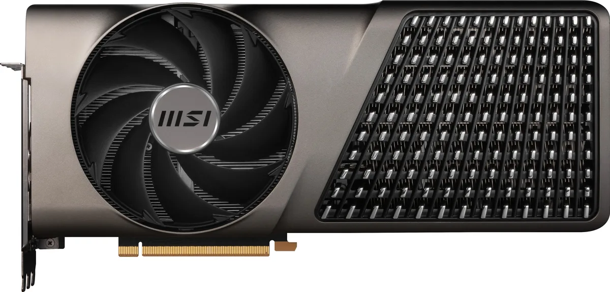 Full-size graphics card with black metal shroud and three axial fans