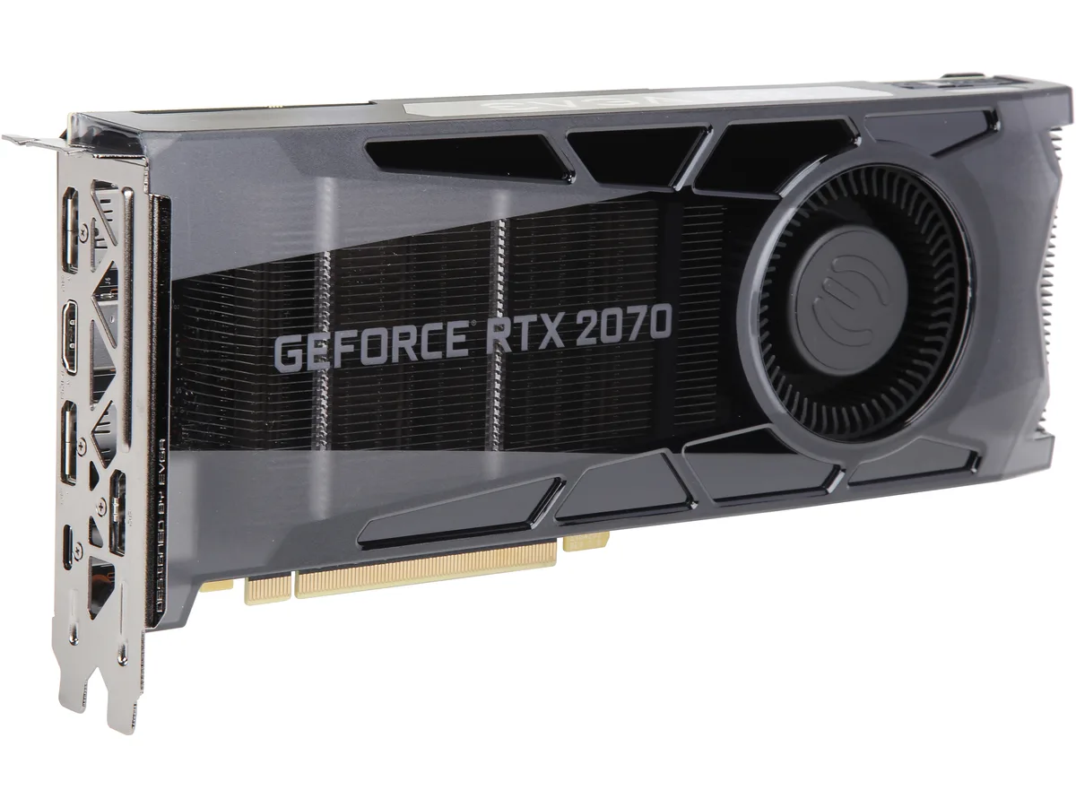 Black EVGA RTX 2070 Gaming graphics card with blower cooler and RGB LED