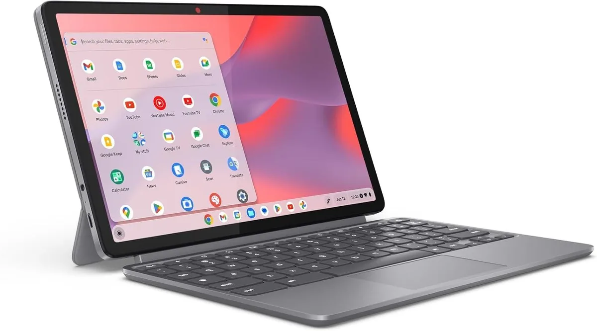 Lenovo Chromebook Duet convertible tablet in Luna Grey finish with folio keyboard attached
