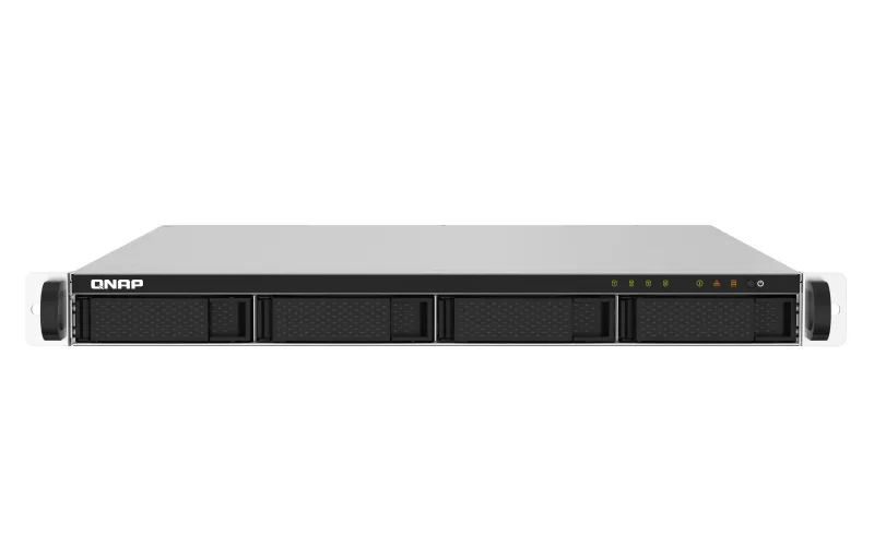 Silver 1U rackmount NAS chassis with four front drive bays and status LEDs