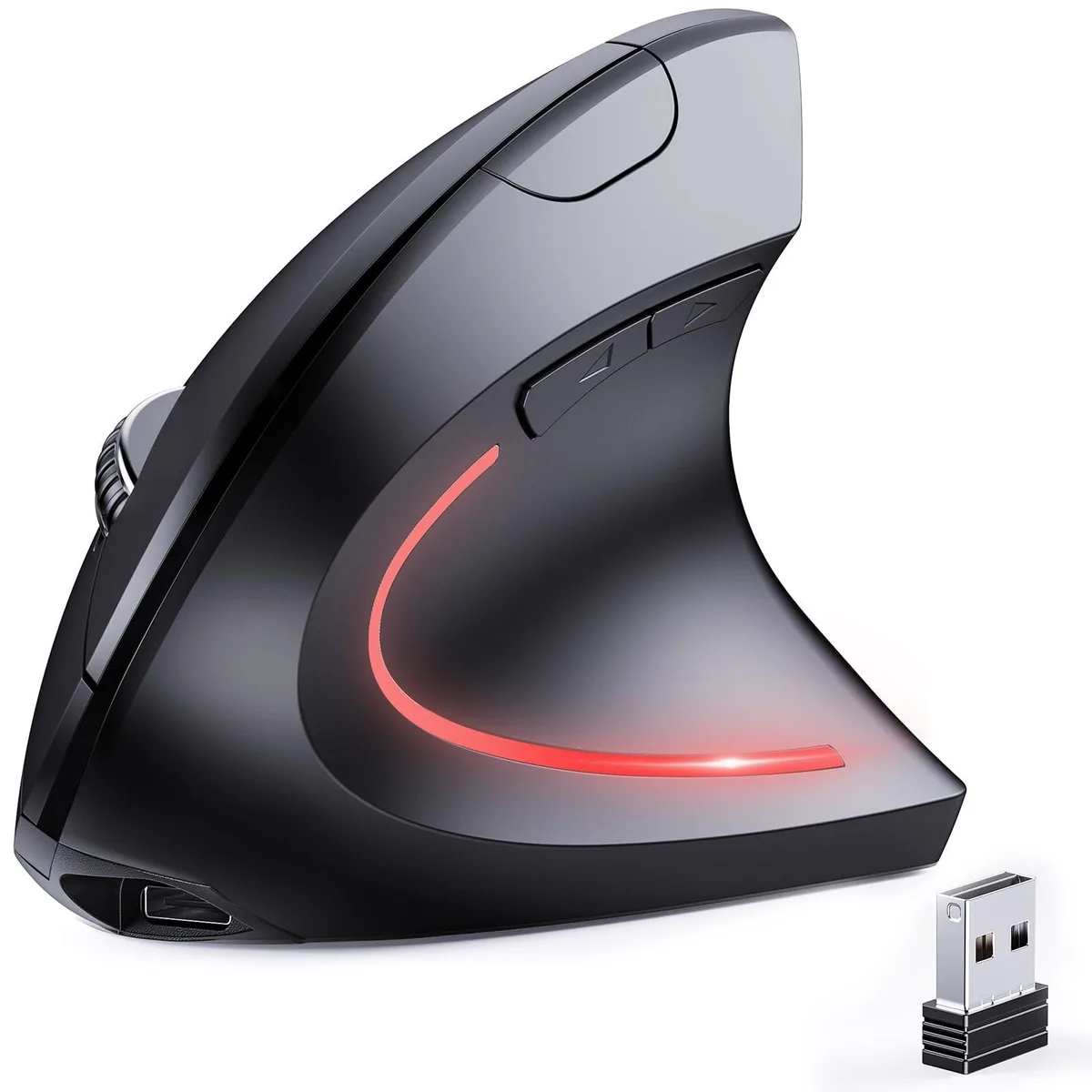 Black vertical gaming mouse with ergonomic right-hand shape, 16 buttons, touch scroll, matte finish